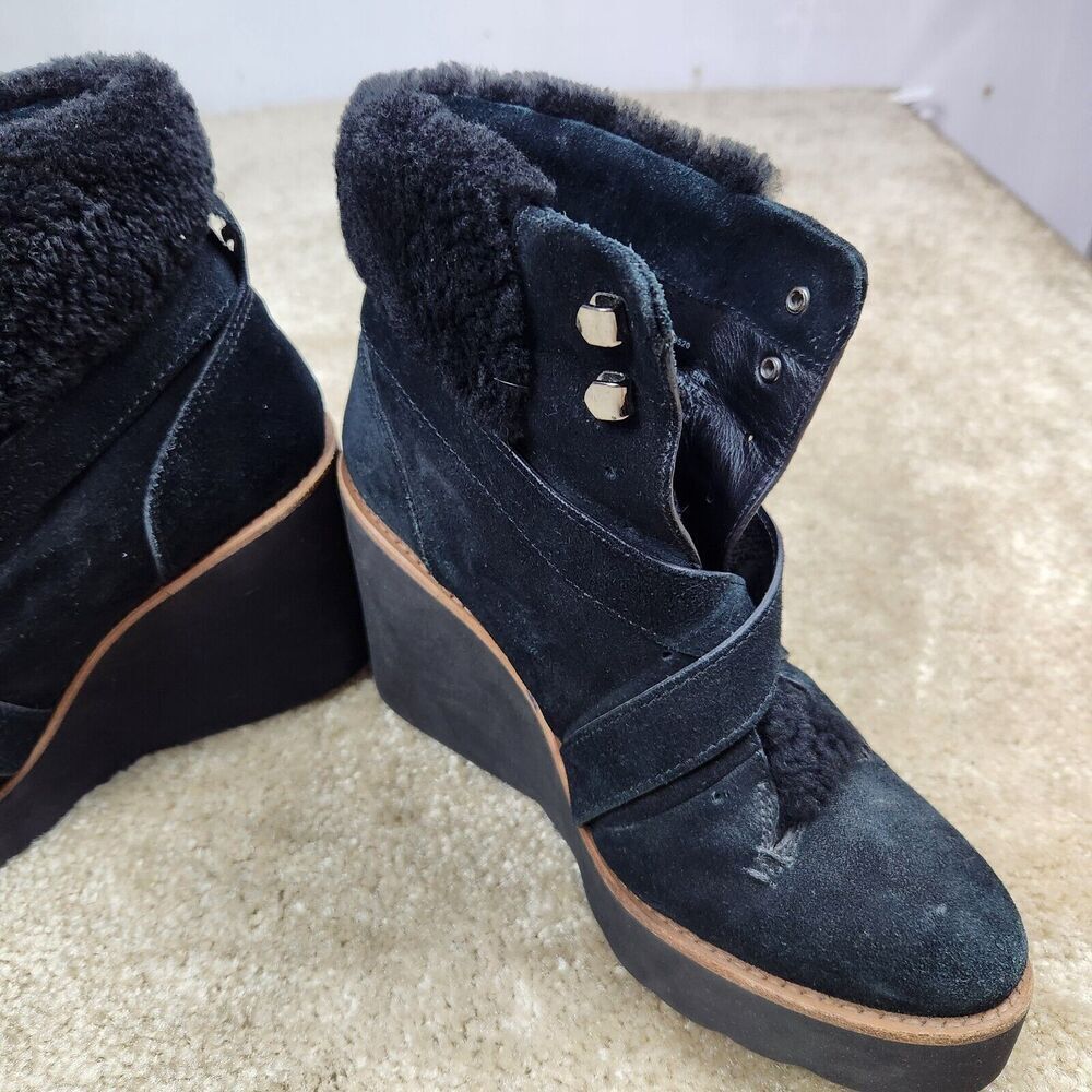 Coach Kenna Wedge Boots Booties Suede Shearling Black Buckle Size 7.5 B Ankle - Picture 5 of 8